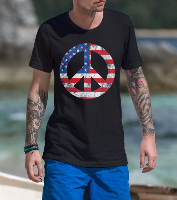 Vintage Patriotic Peace Sign American Flag T-Shirt