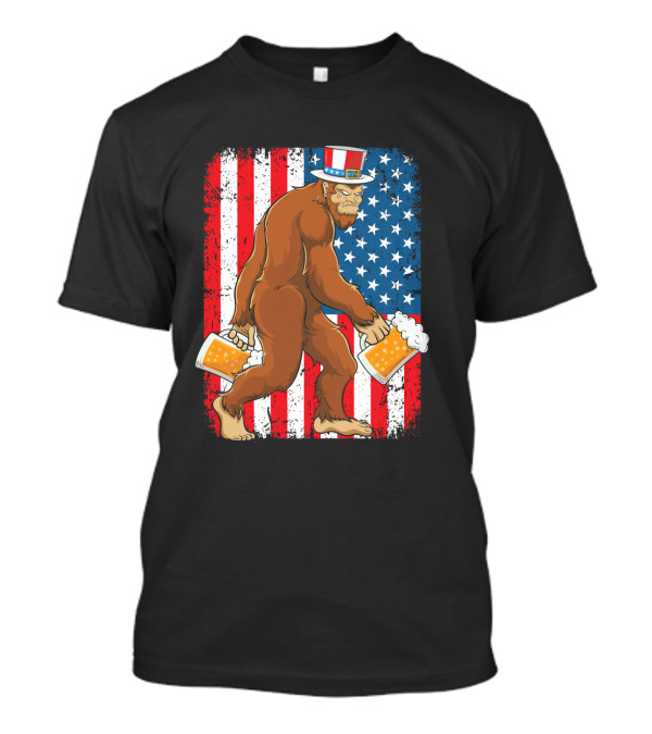 Bigfoot USA Flag Uncle Sam Hat With Beer T-Shirt