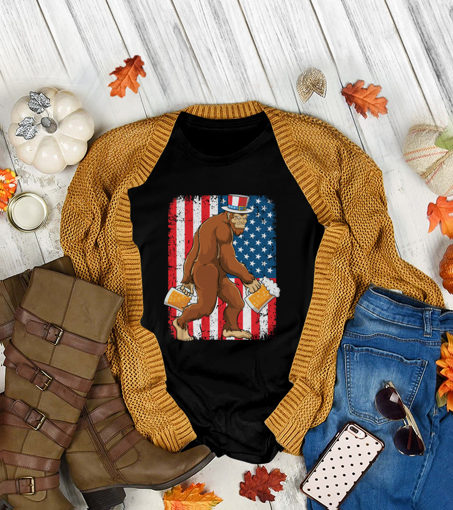Bigfoot USA Flag Uncle Sam Hat with Beer T-Shirt