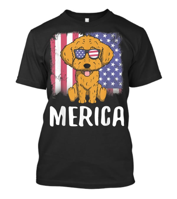 Merica Goldendoodle Dog With American Flag Sunglasses And US Flag Background T-Shirt