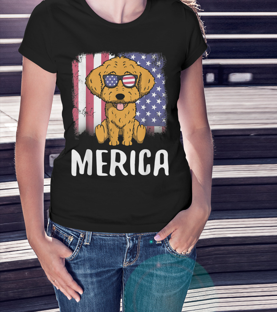 Merica Goldendoodle Dog With American Flag Sunglasses And US Flag Background T-Shirt