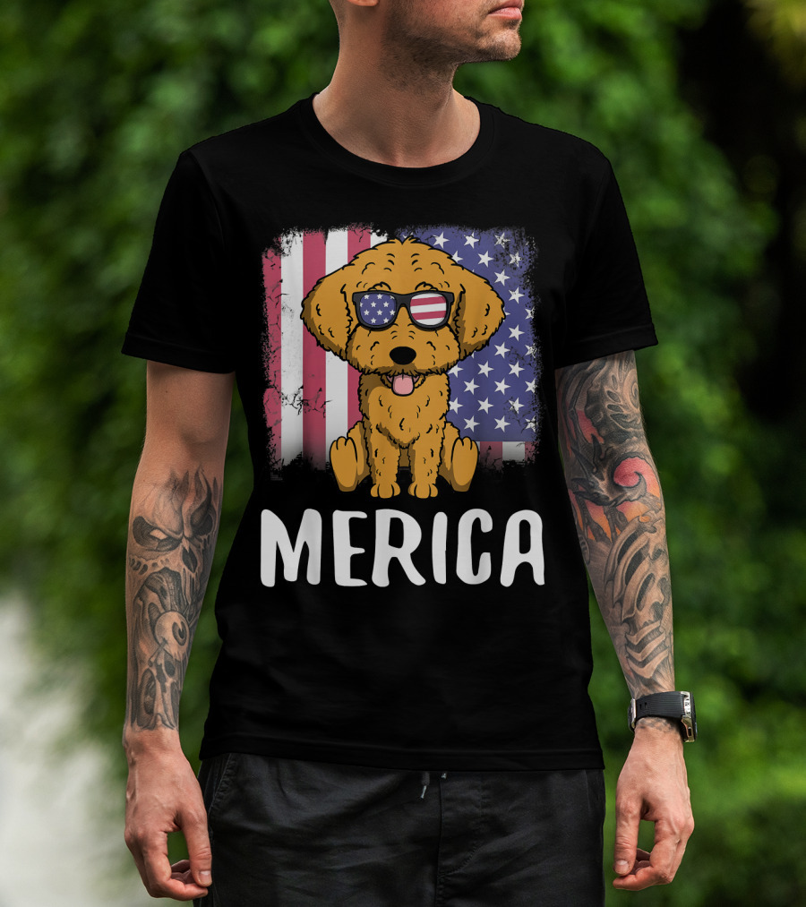 Merica Goldendoodle Dog With American Flag Sunglasses And US Flag Background T-Shirt
