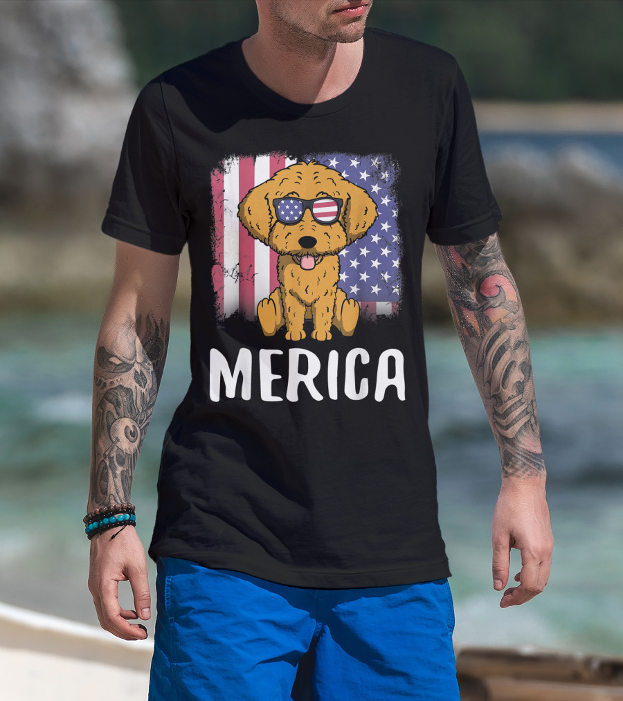 Merica Goldendoodle Dog With American Flag Sunglasses And US Flag Background T-Shirt