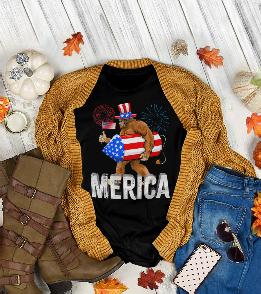 Merica Bigfoot with Rocket and Fireworks 4th of July American T-Shirt