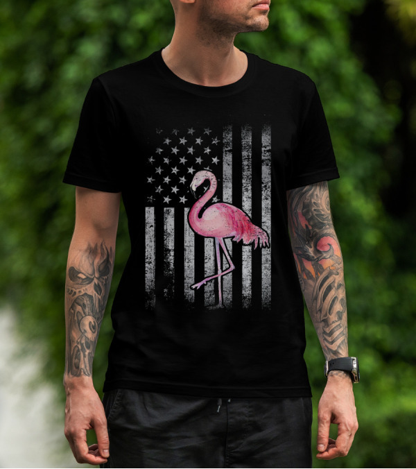 American Flag Stars And Stripes Pink Flamingo Patriotic T-Shirt