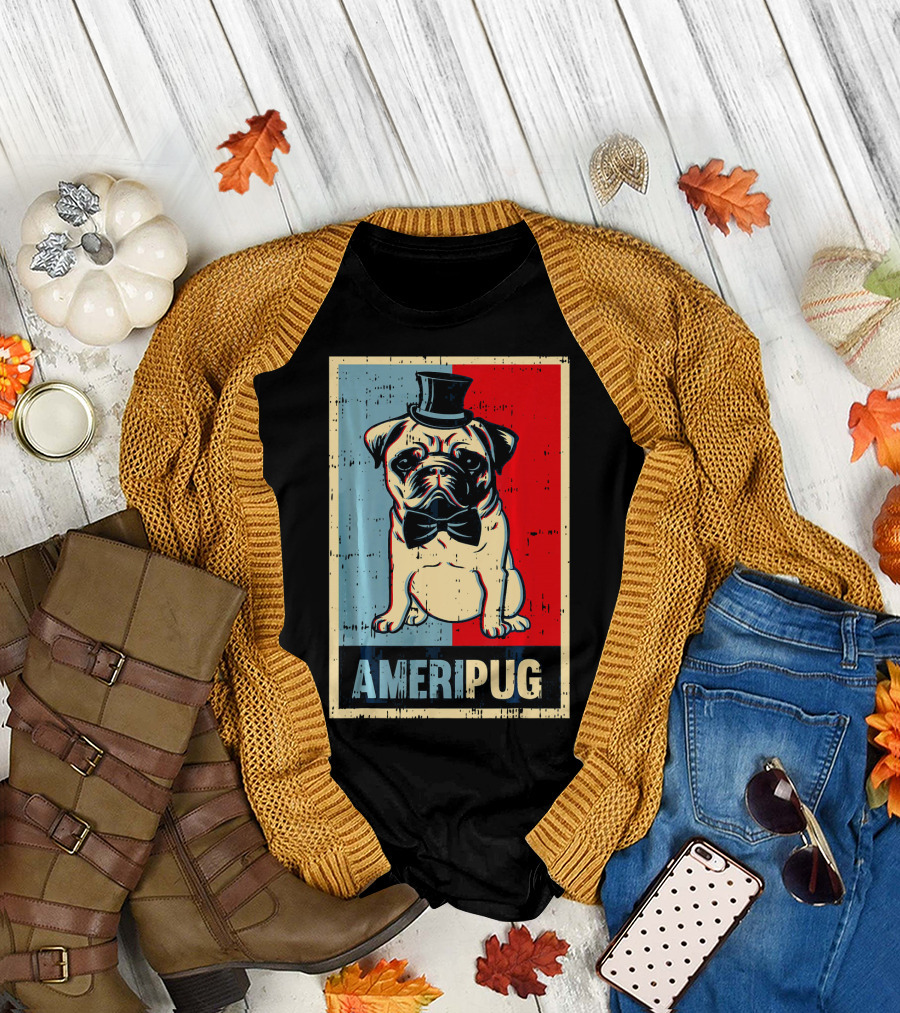 Ameripug Top Hat Bowtie Red Blue 4th Of July T-Shirt