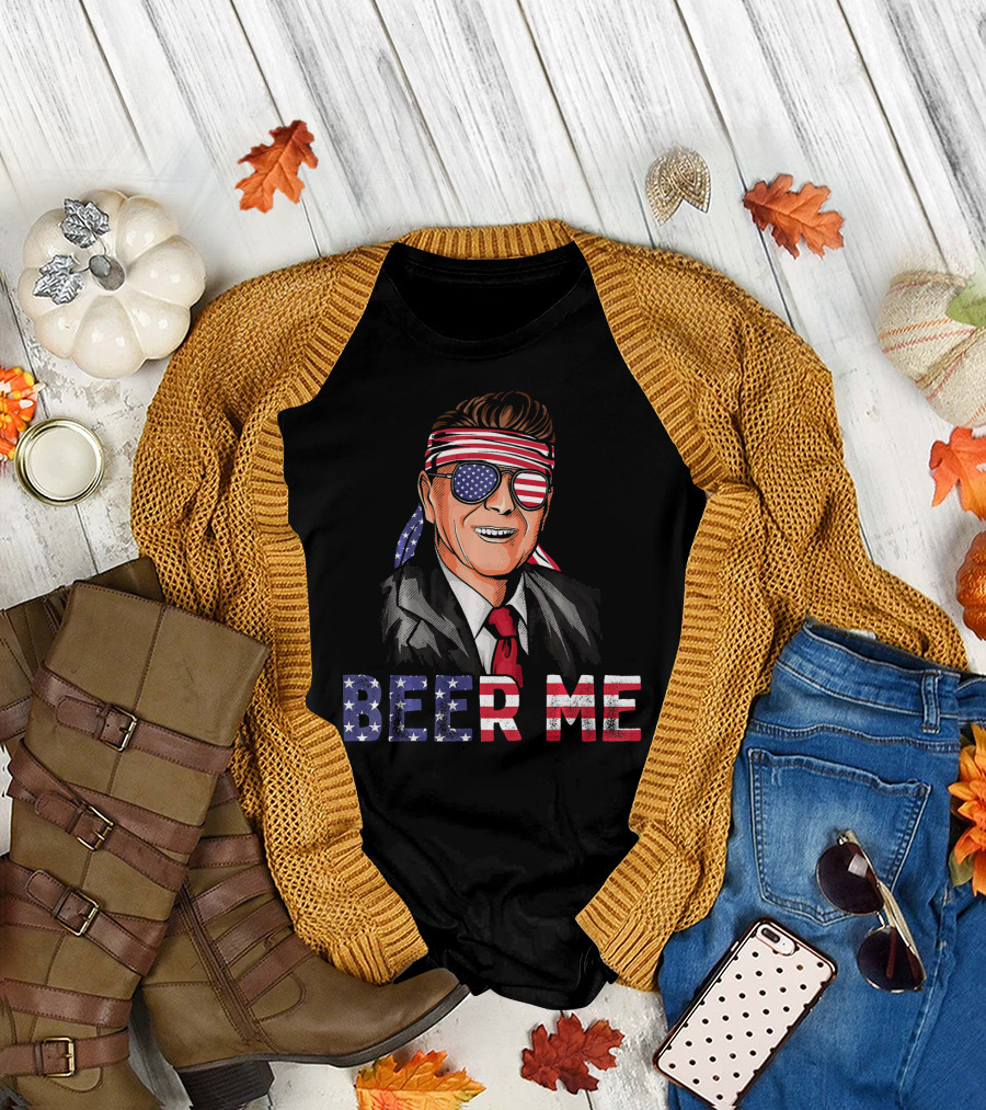 Ronald Reagan Beer Me Patriotic American Flag Bandana and Sunglasses T-Shirt