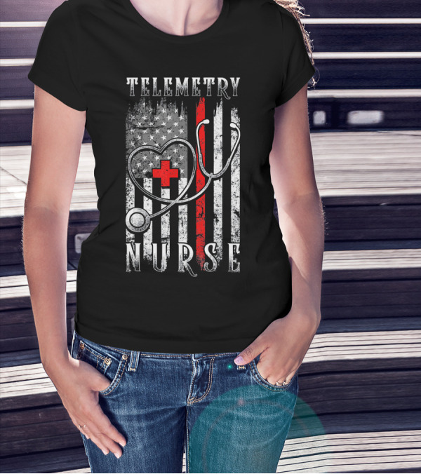 Telemetry Nurse Distressed American Flag Stethoscope Heart Red Cross T-Shirt