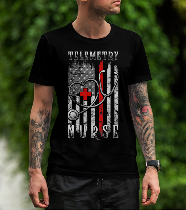 Telemetry Nurse Distressed American Flag Stethoscope Heart Red Cross T-Shirt
