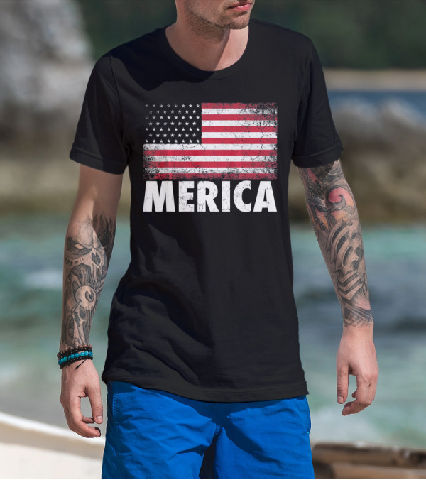 Merica American Flag Distressed Style USA Flag T-Shirt