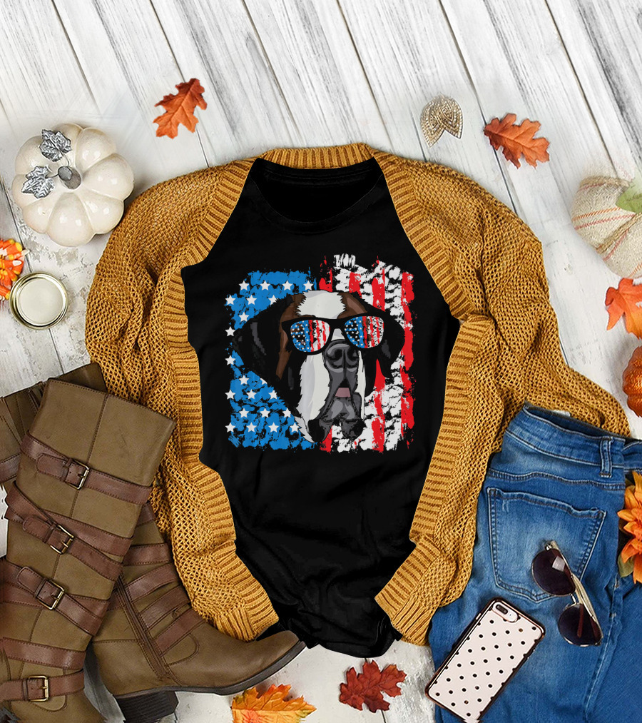 4th of July Dog Patriotic Saint Bernard with American Flag Sunglasses T-Shirt