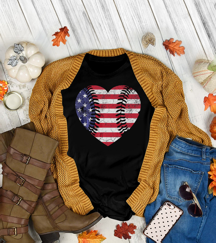 4th of July American Flag Heart Baseball T-Shirt