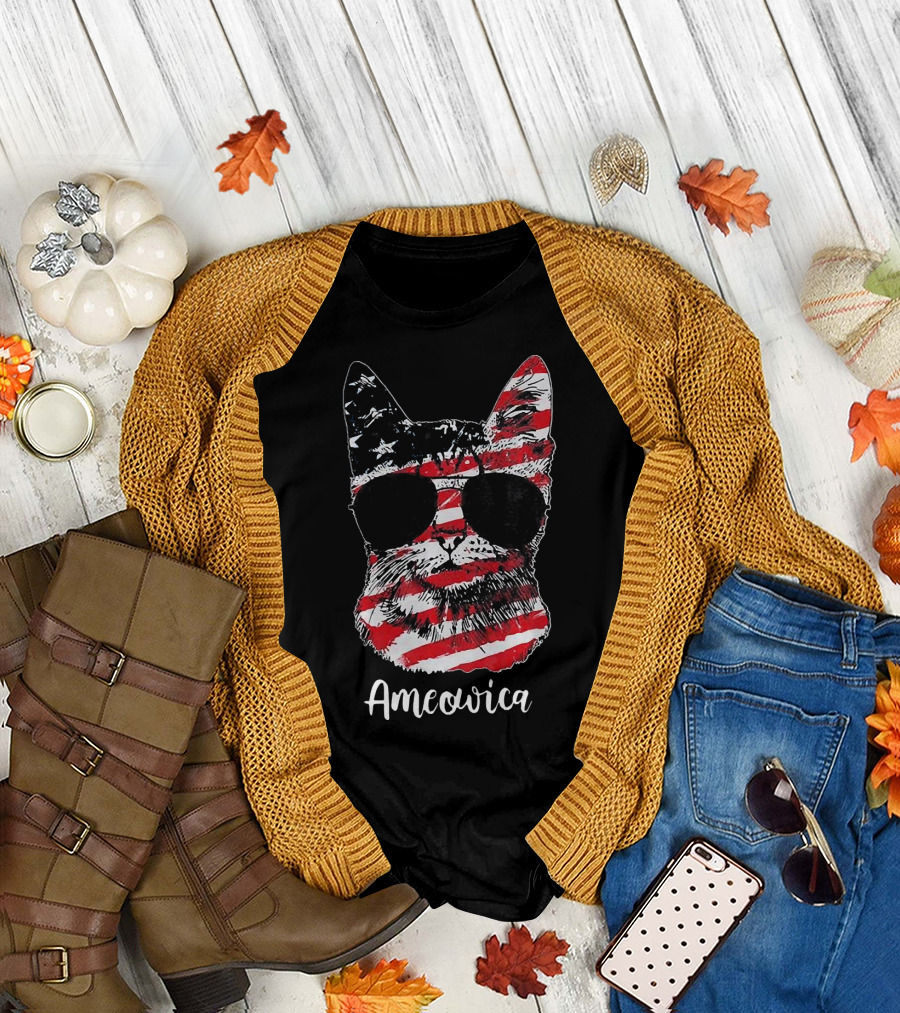 Ameowica Cat Wearing American Flag Pattern with Sunglasses T-Shirt