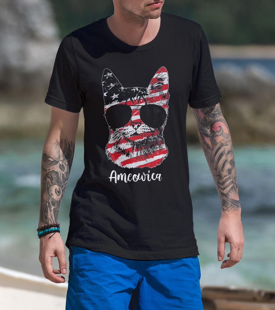 Ameowica Cat Wearing American Flag Pattern With Sunglasses T-Shirt