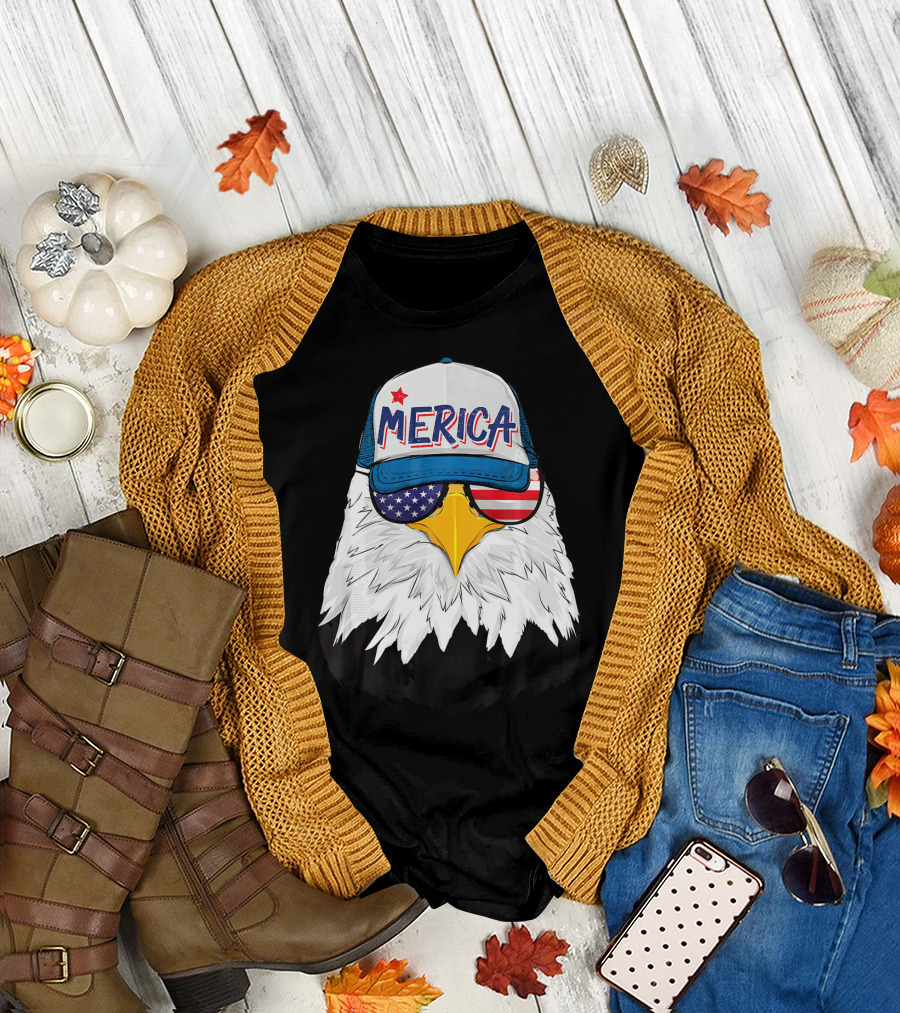American Bald Eagle Merica Cap USA Flag Shades 4th Of July T-Shirt