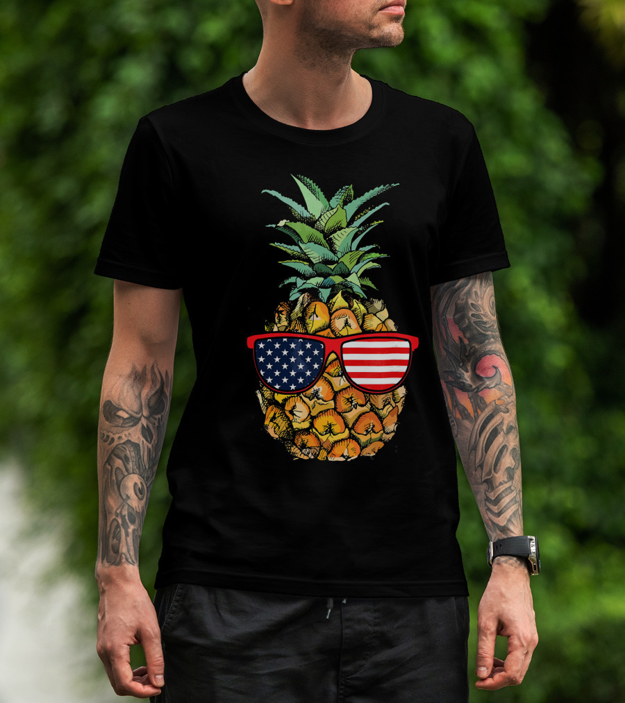 Funny Pineapple With American Flag Glasses Fourth Of July T-Shirt