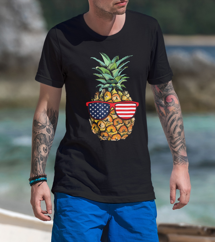 Funny Pineapple With American Flag Glasses Fourth Of July T-Shirt