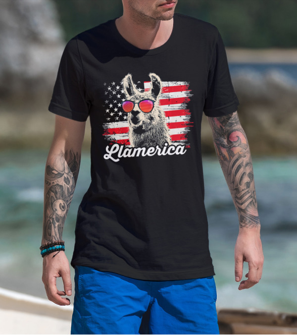 Llamerica Patriotic Llama With American Flag Sunglasses T-Shirt