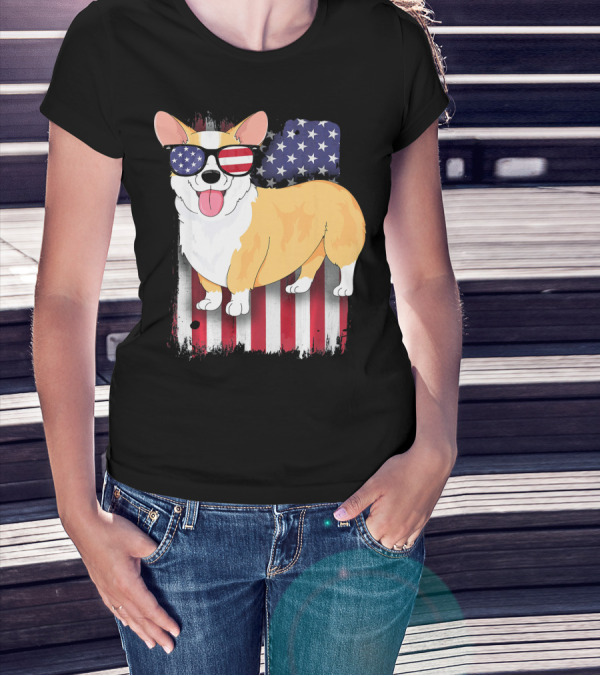 Corgi American Flag Sunglasses Patriotic Spirit T-Shirt