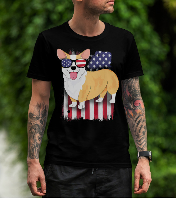 Corgi American Flag Sunglasses Patriotic Spirit T-Shirt