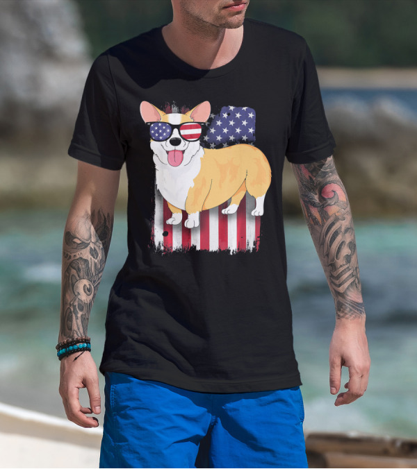 Corgi American Flag Sunglasses Patriotic Spirit T-Shirt