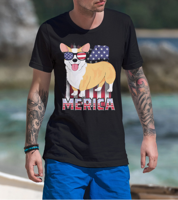 Corgi USA Merica Boys Patriotic Dog American Flag Sunglasses T-Shirt
