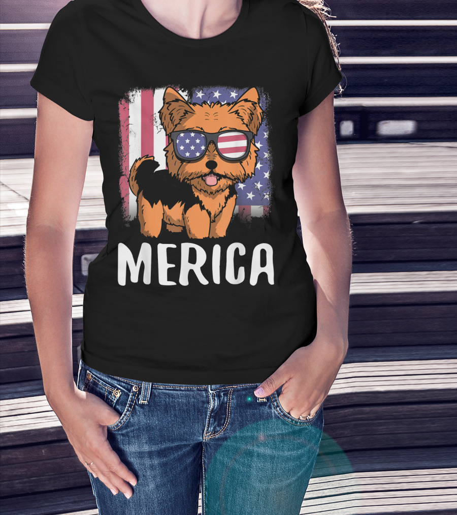 Merica Yorkie Dog American Flag Sunglasses USA T-Shirt