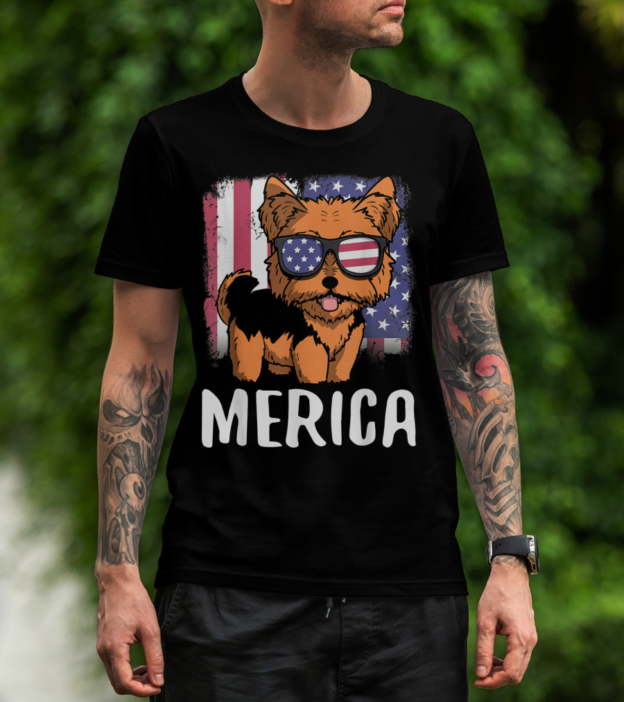 Merica Yorkie Dog American Flag Sunglasses USA T-Shirt