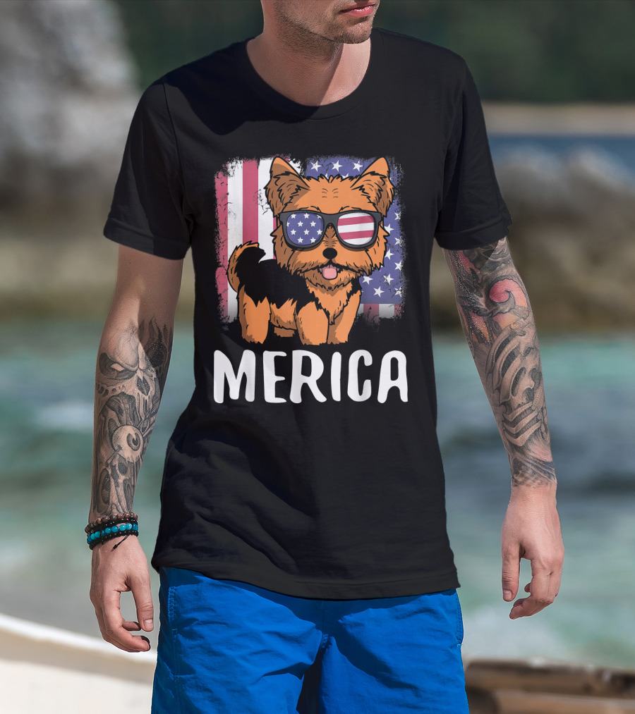 Merica Yorkie Dog American Flag Sunglasses USA T-Shirt
