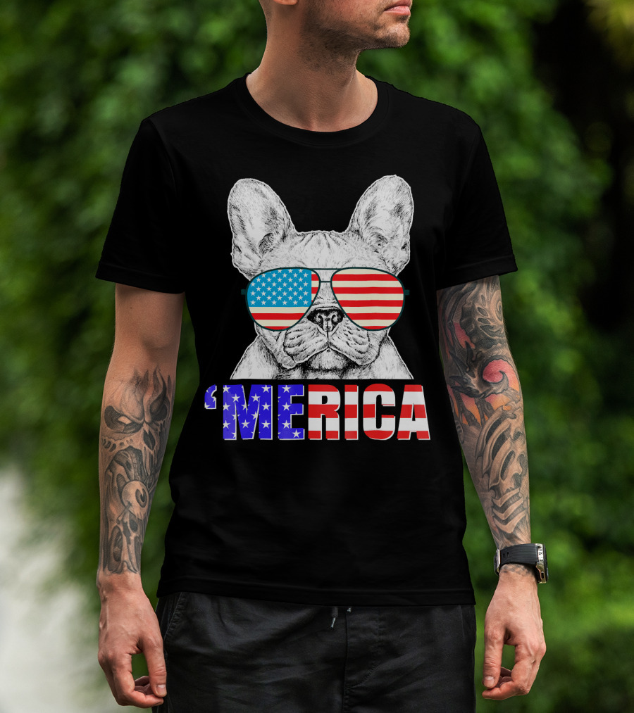 Funny French Bull Dog 'Merica With American Flag Sunglasses T-Shirt