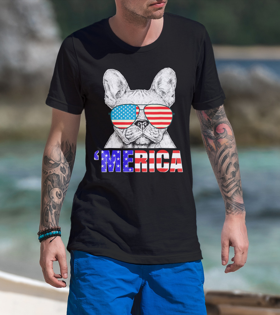 Funny French Bull Dog 'Merica With American Flag Sunglasses T-Shirt