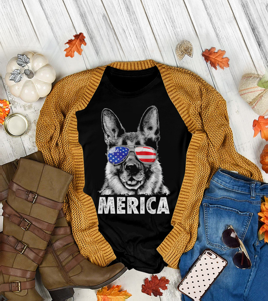 German Shepherd Merica 4th of July American Flag Sunglasses T-Shirt