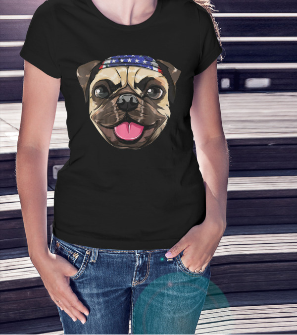 Pug Dog American Flag Bandana T-Shirt