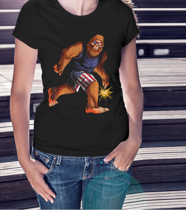 Bigfoot In American Flag Shorts With Fourth Of July Sparkler T-Shirt