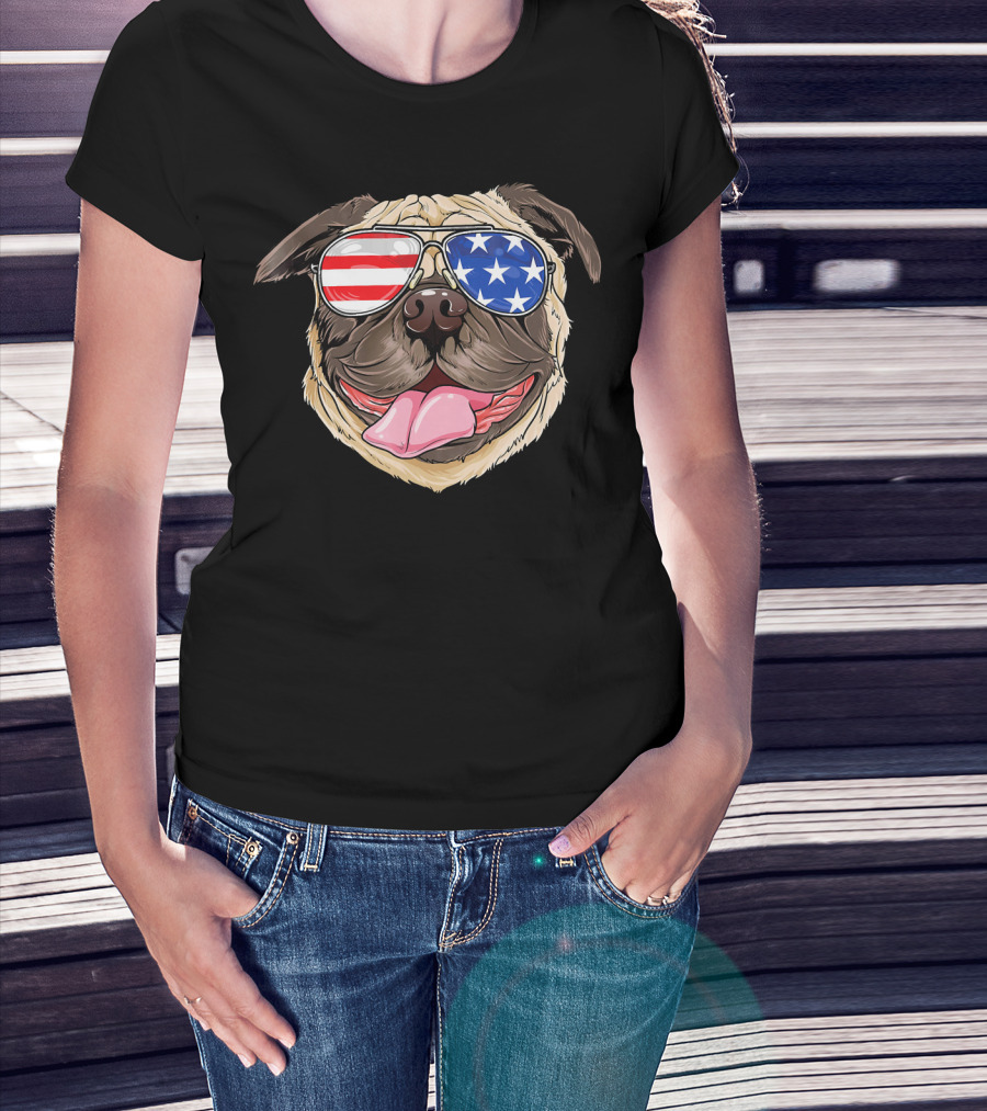 Patriotic Pug With American Flag Sunglasses T-Shirt
