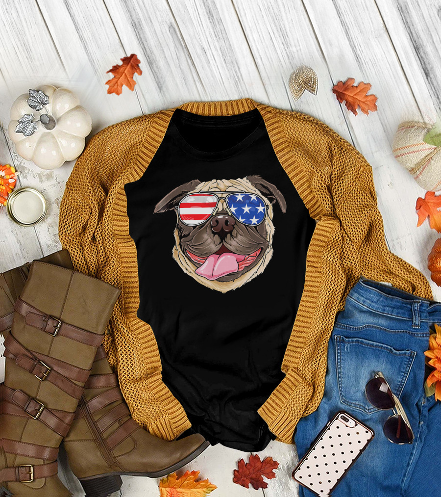 Patriotic Pug With American Flag Sunglasses T-Shirt