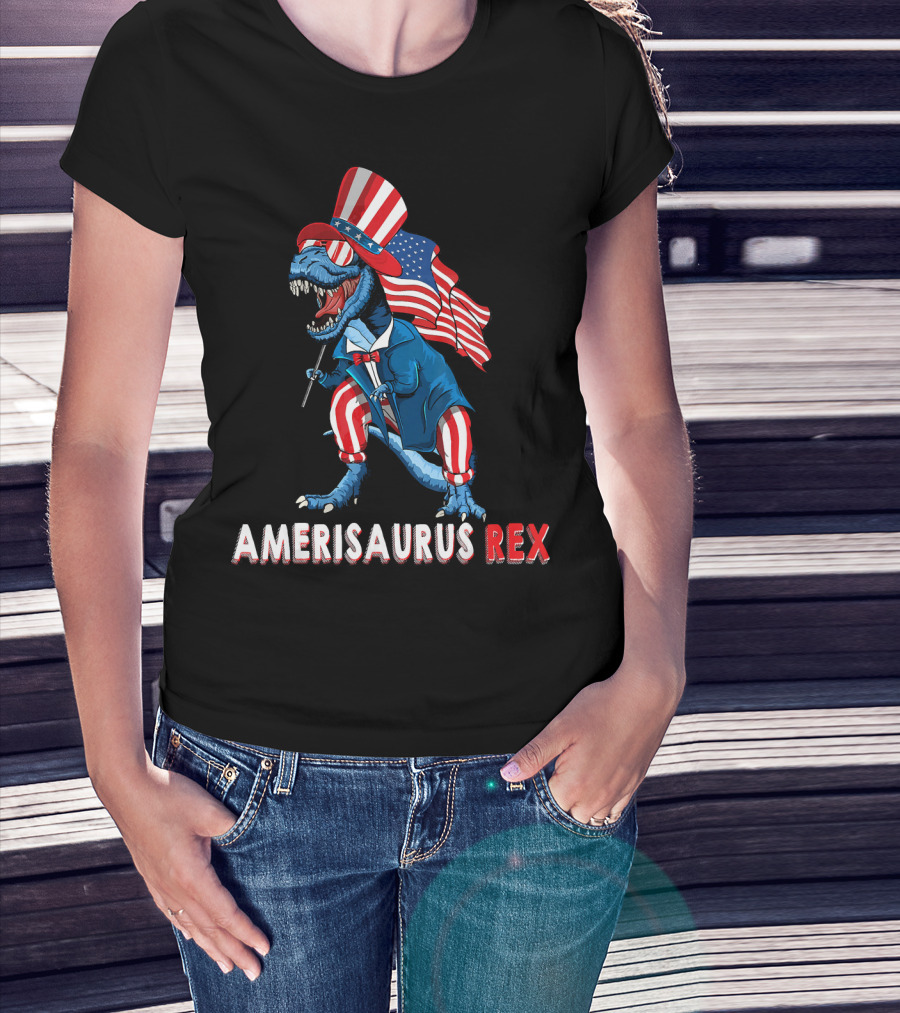 Amerisaurus Rex Dinosaur Uncle Sam USA Flag Independence Day T-Shirt