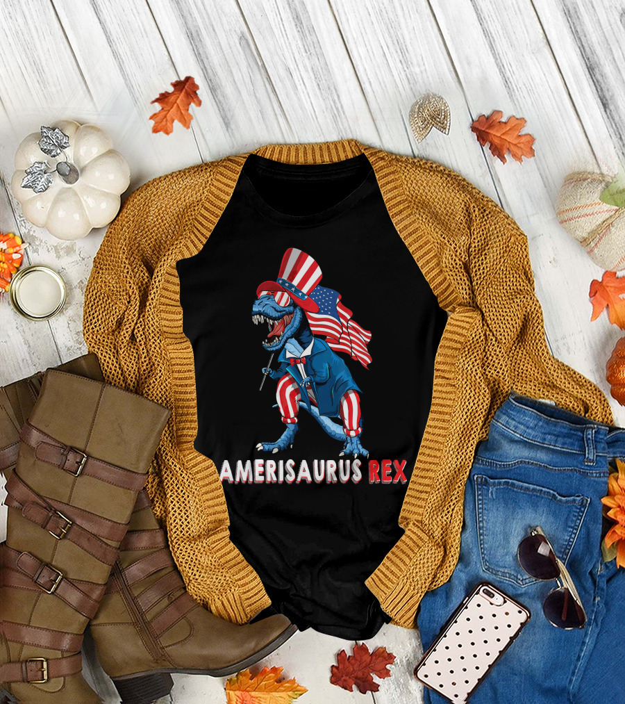 Amerisaurus Rex Dinosaur Uncle Sam USA Flag Independence Day T-Shirt