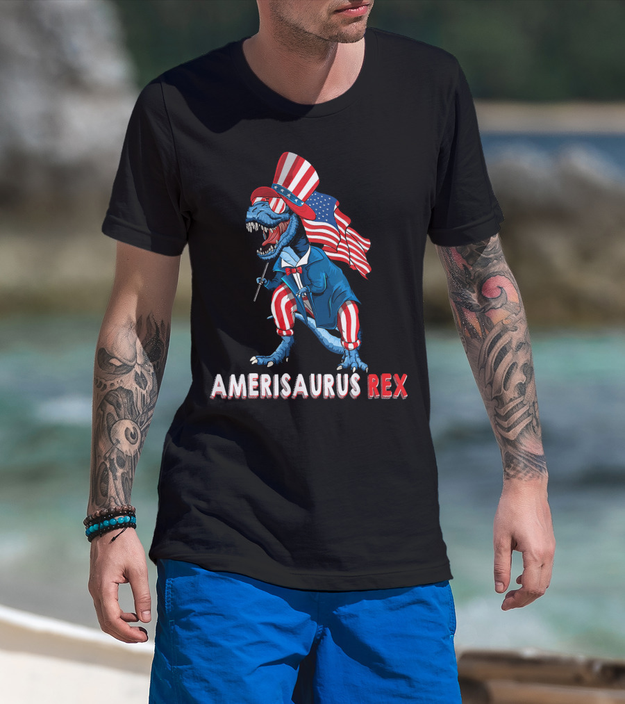 Amerisaurus Rex Dinosaur Uncle Sam USA Flag Independence Day T-Shirt