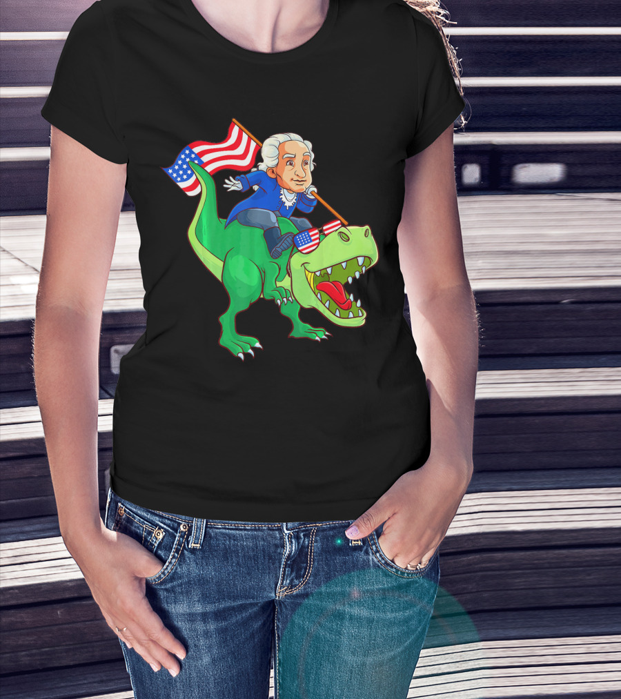 George Washington Riding Rex Dinosaur With American Flag And Sunglasses T-Shirt