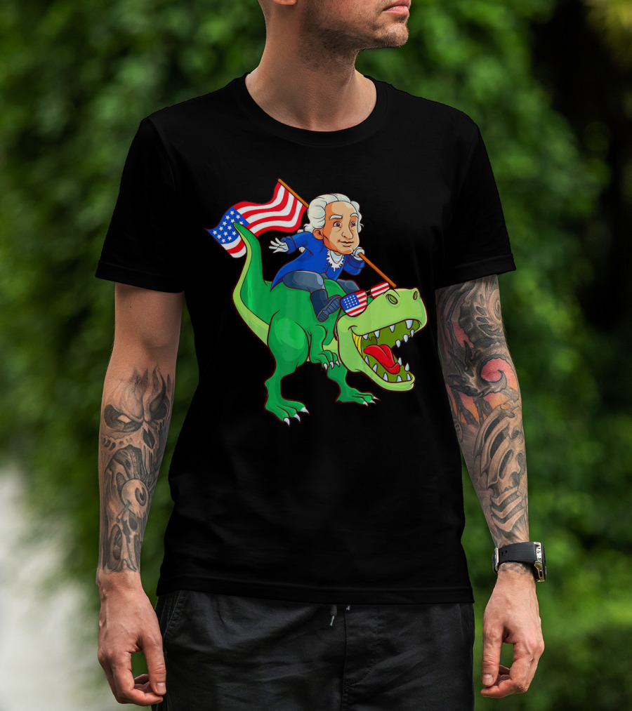 George Washington Riding Rex Dinosaur With American Flag And Sunglasses T-Shirt
