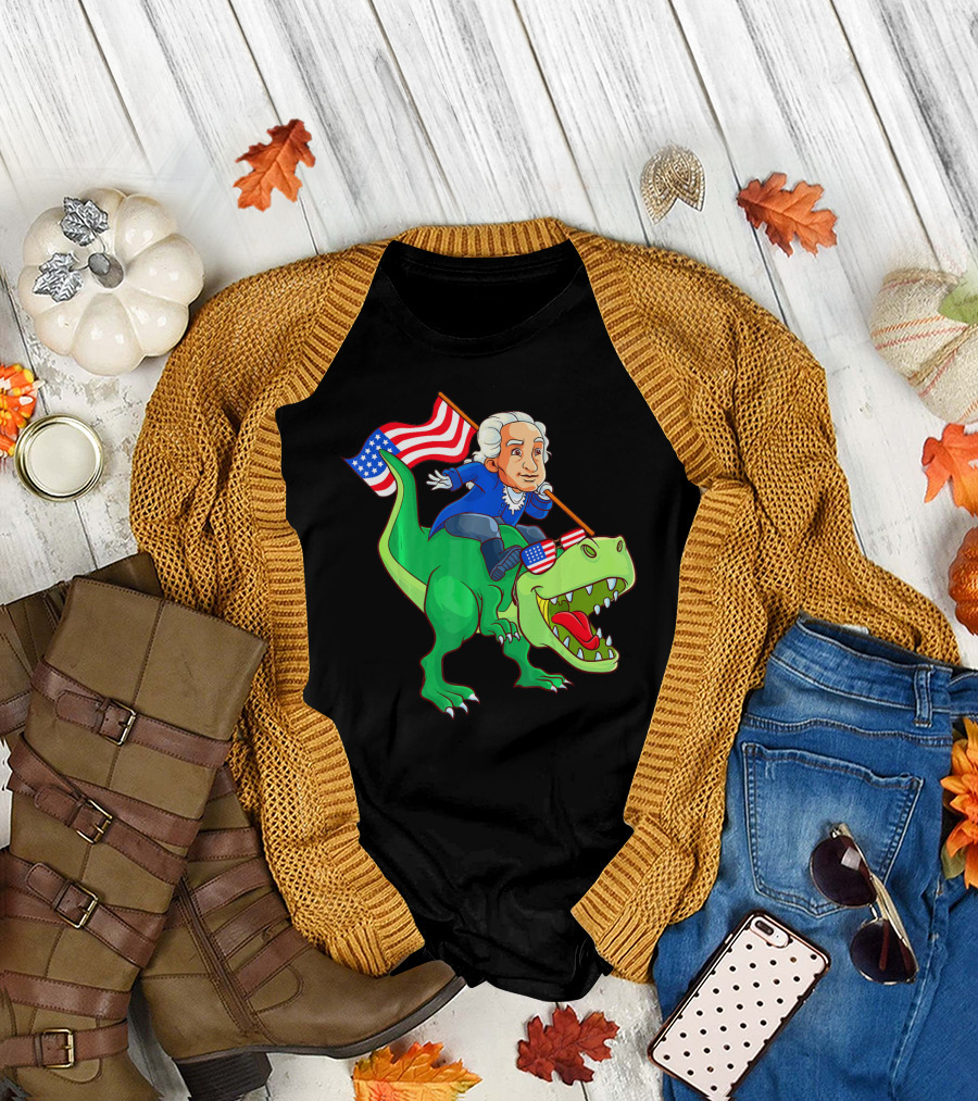 George Washington Riding Rex Dinosaur with American Flag and Sunglasses T-Shirt