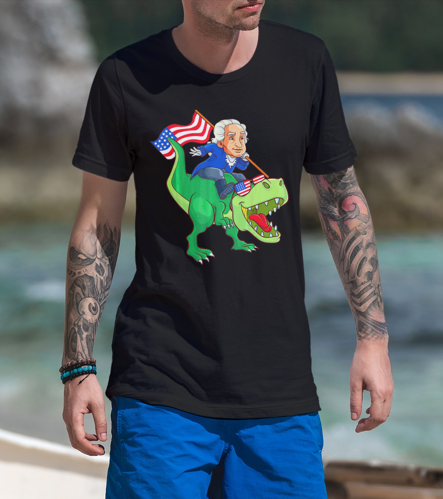George Washington Riding Rex Dinosaur With American Flag And Sunglasses T-Shirt