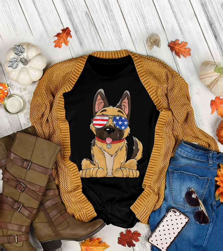 German Shepherd USA Flag Sunglasses T-Shirt