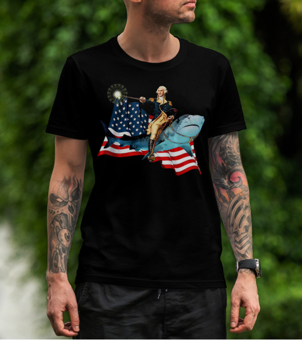 George Washington Patriotically Riding Shark With American Flag T-Shirt