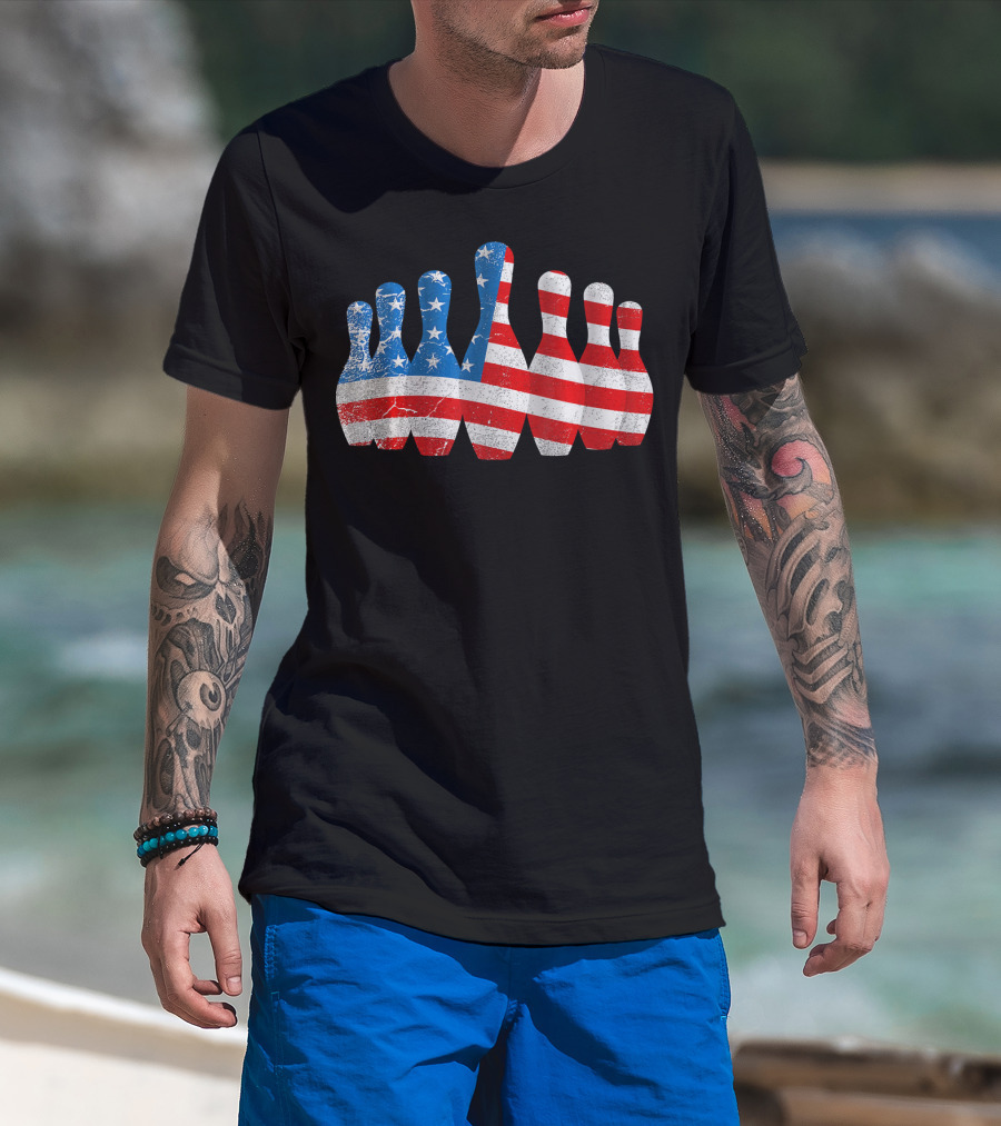 American Flag Bowling Pins Patriotic Bowler T-Shirt