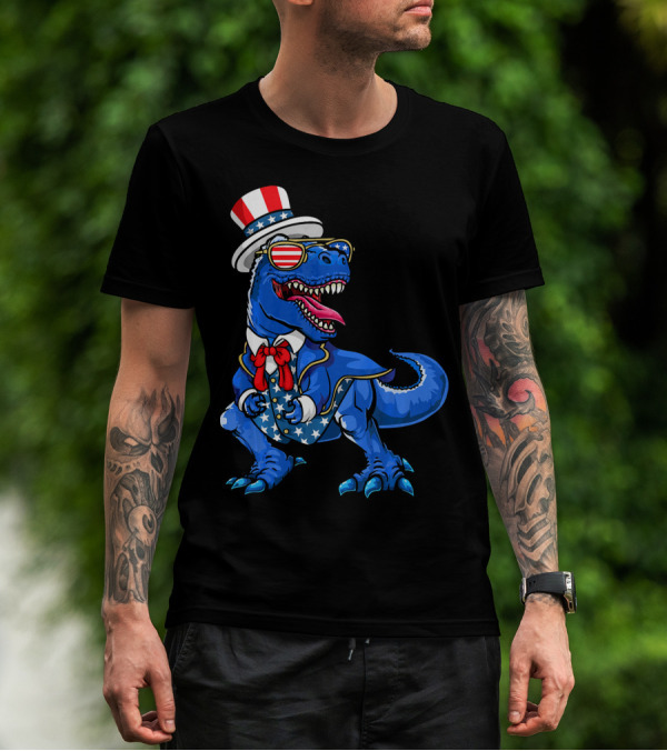 Patriotic Dinosaur With American Flag Hat And Glasses T-Shirt