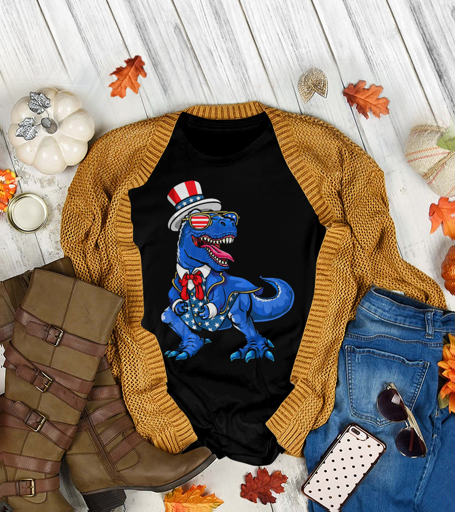 Patriotic Dinosaur with American Flag Hat and Glasses T-Shirt