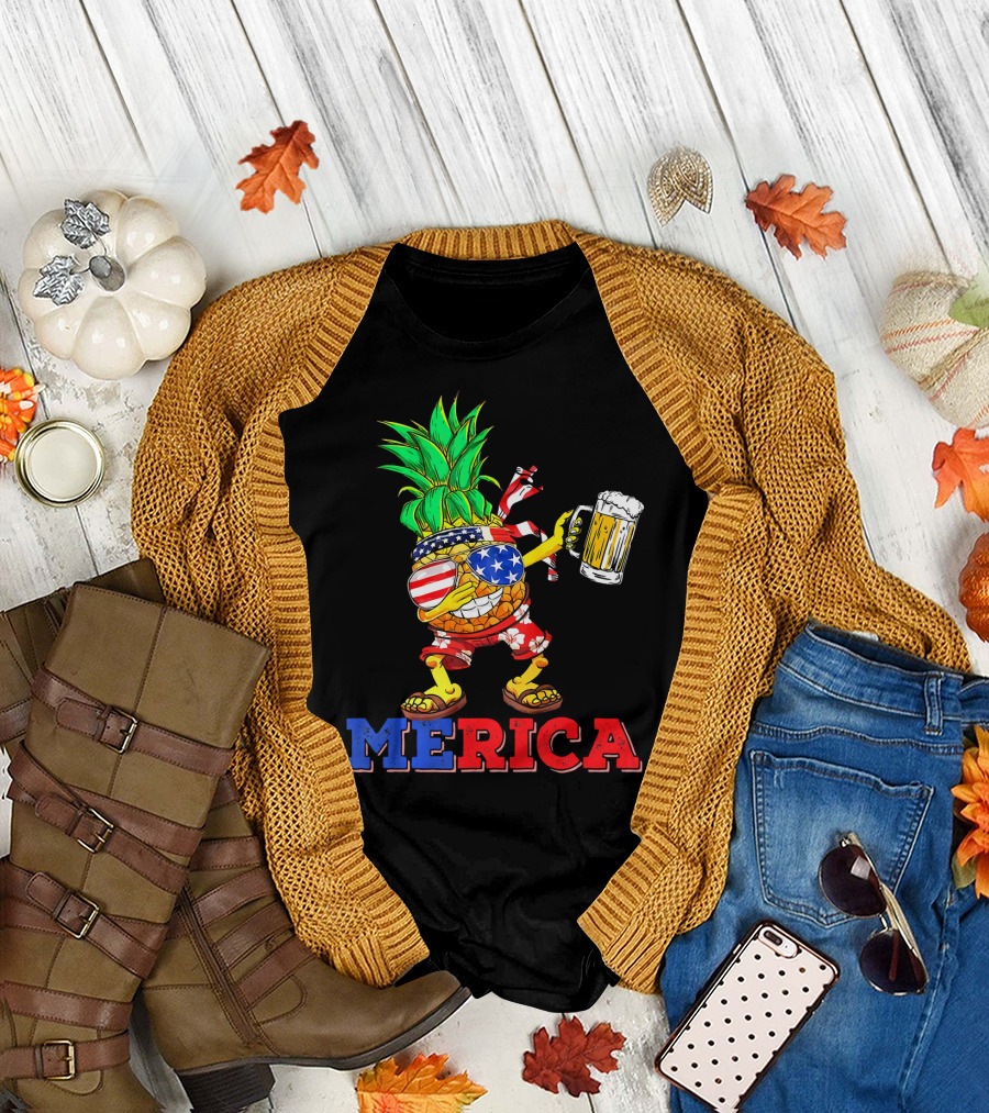 Merica Dabbing Pineapple US Flag Sunglasses Beer Mug Hawaiian Shorts T-Shirt
