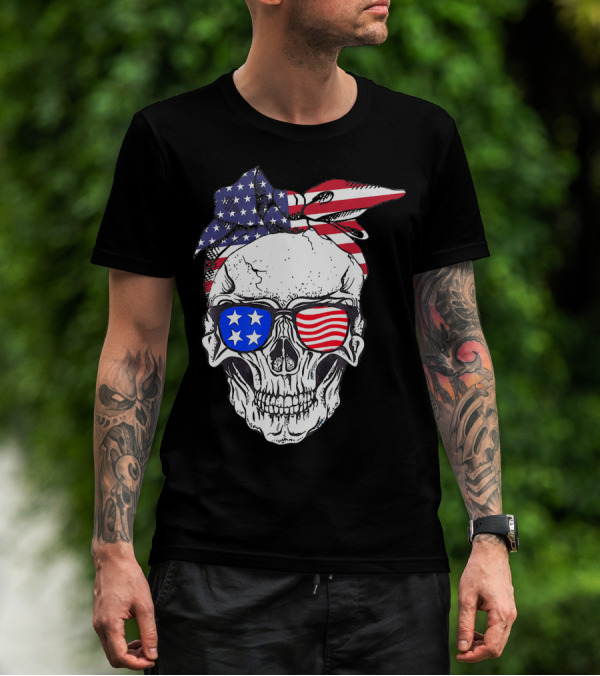 Patriotic Skull American Flag Bandana Sunglasses T-Shirt
